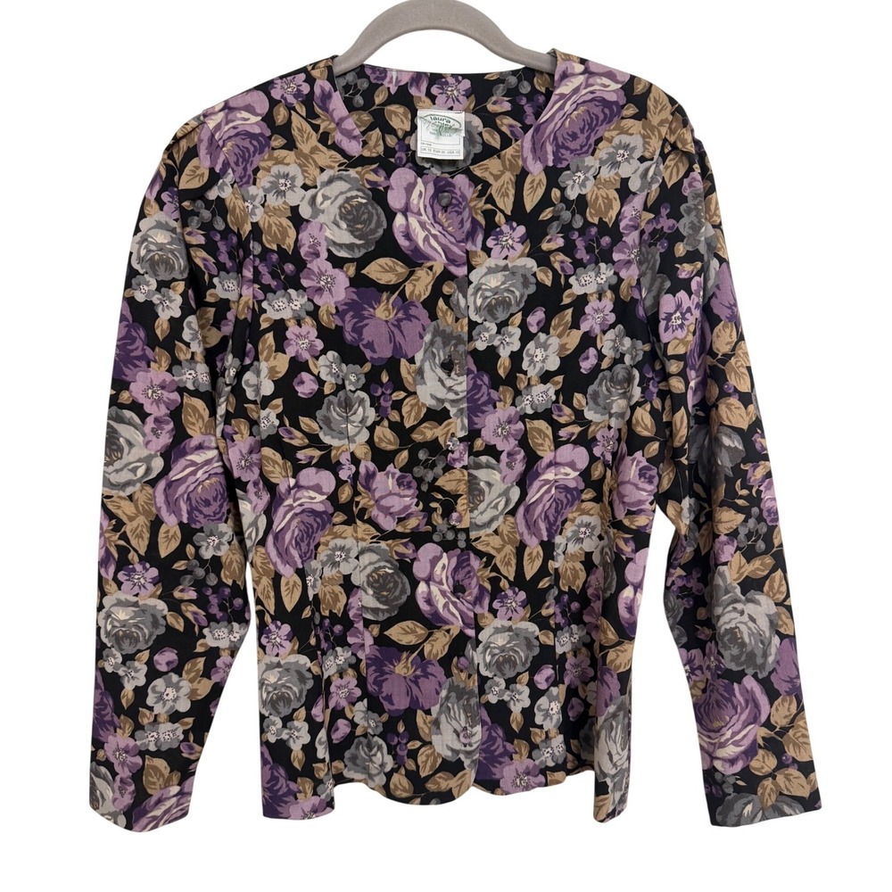 Laura Ashley Vintage 100% Wool Floral Button Front Blouse Purple Black USA 10